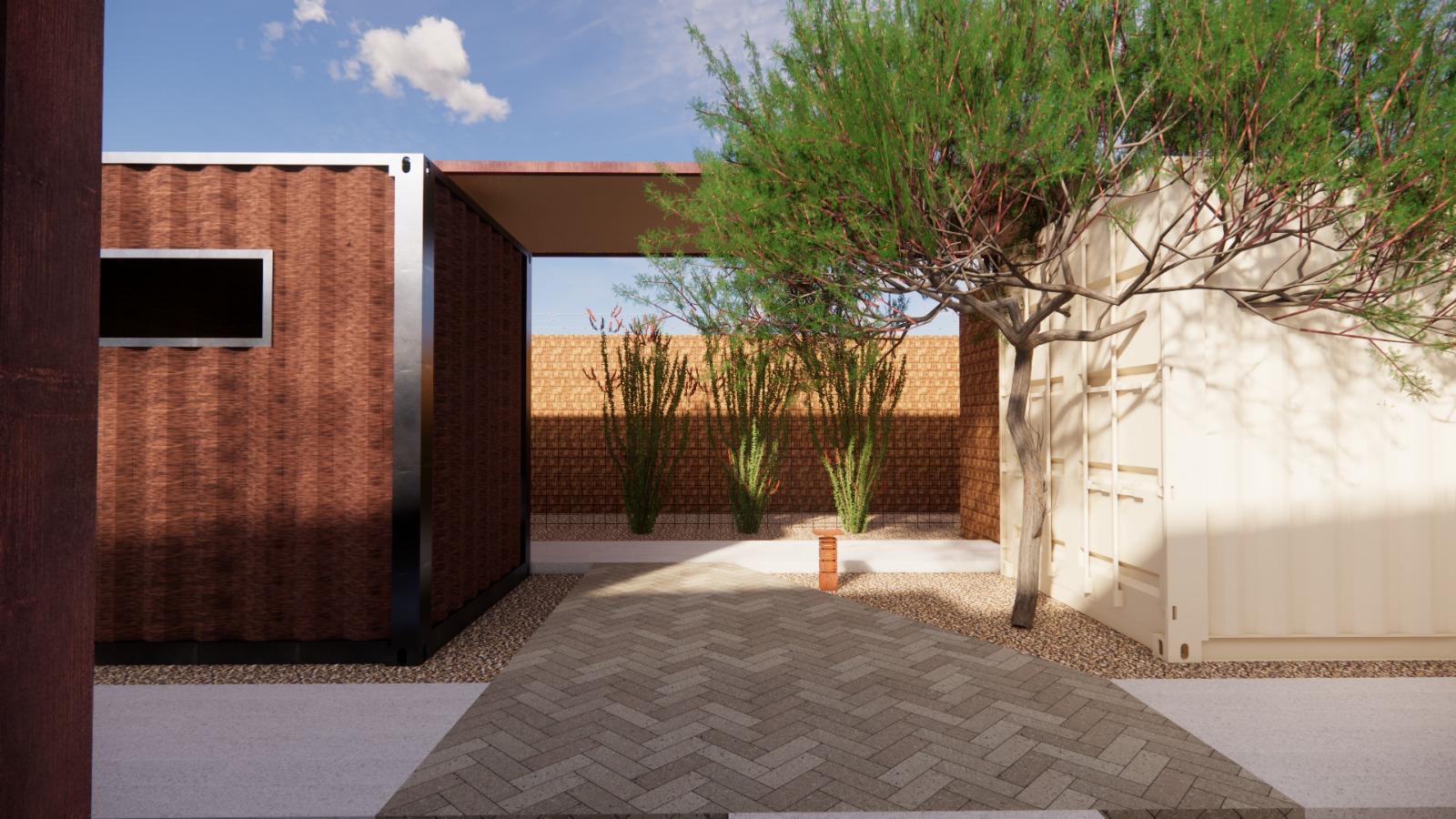 Patio central de Campus CIAE con pérgola de acero corten