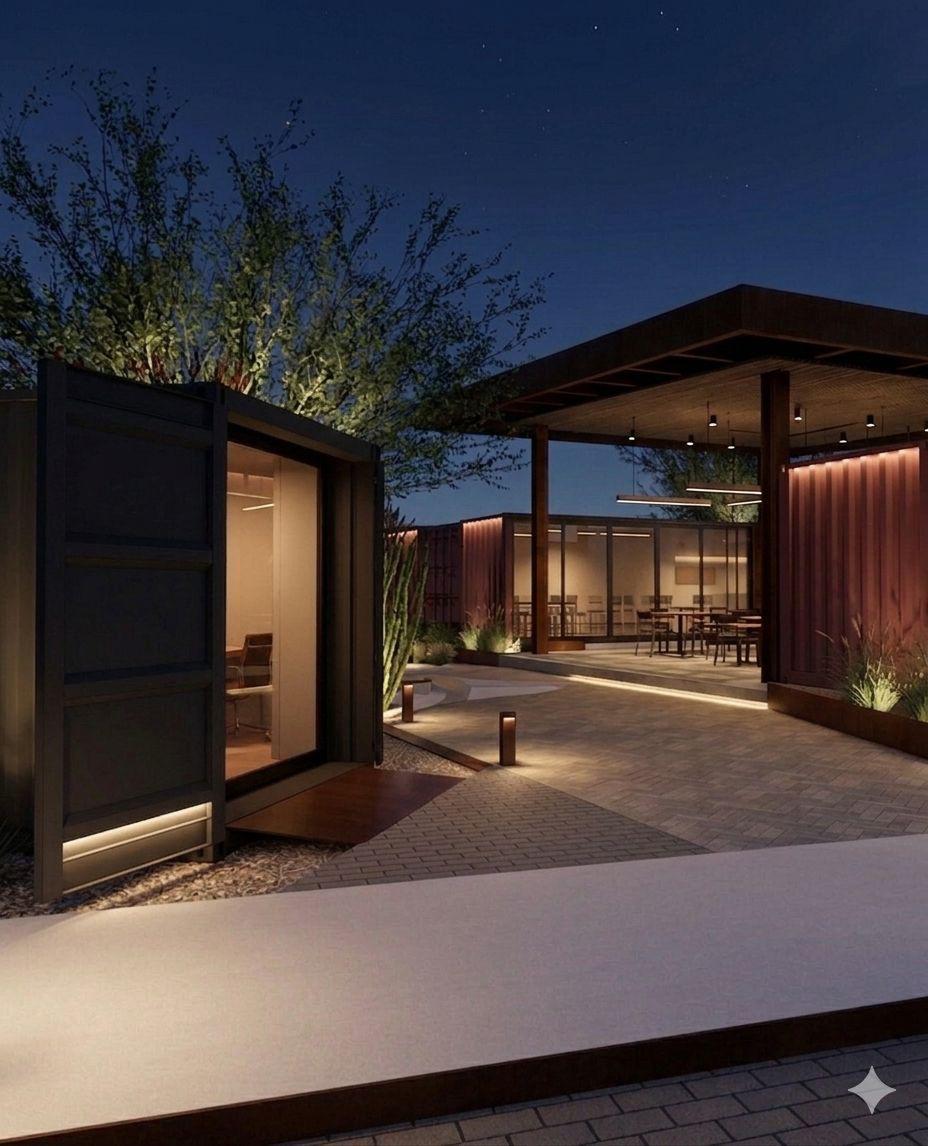 Pérgola de acero corten de Campus CIAE con ventilador HVLS para enfriamiento pasivo exterior